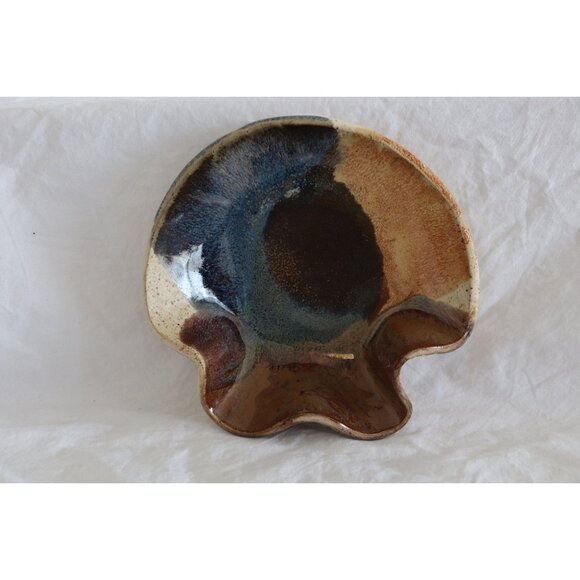 1980's Ceramic Trinket Dish Handmade Signed By Artist Unique Shape Blue Brown - Picture 1 of 6